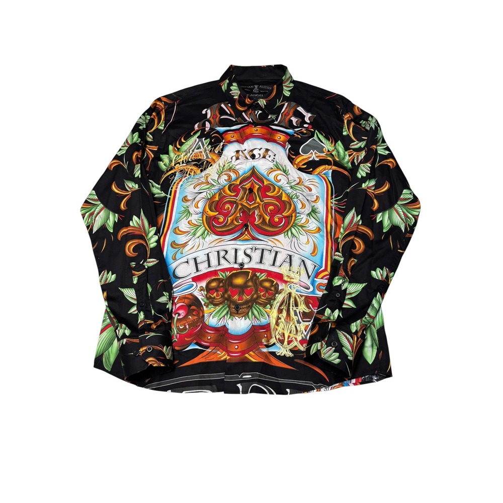 Christian Audigier Mens Tattoo Print Button Down Shirt Black Skulls Queen Large